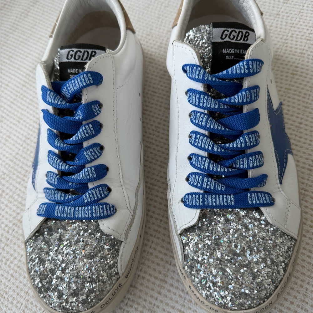 Golden Goose White and Tan Sneakers with Blue Accents